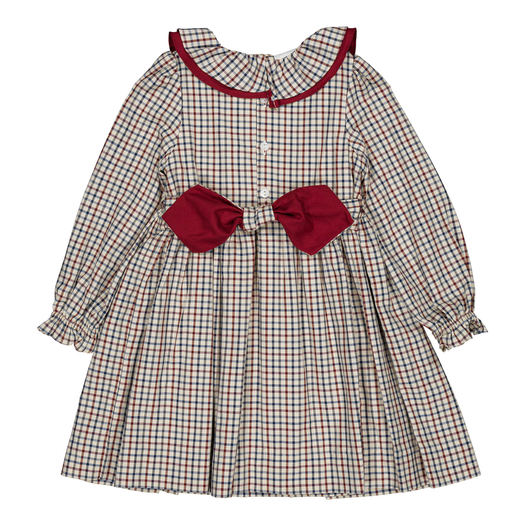 37251 JOSEPHINE SMOCKED GIRL DRESS - OFF-WHITE NAVY BLUE AND BURGUNDY RED CHECKS