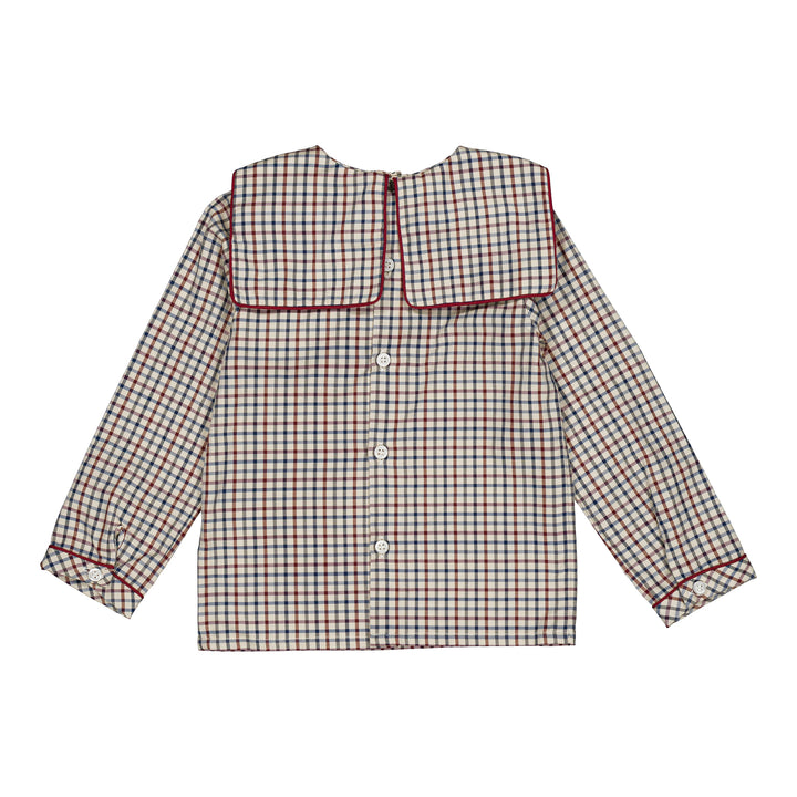 37252 EUSTACHE BOY SHIRT - OFF-WHITE NAVY BLUE AND BURGUNDY RED CHECKS/NAVY PIPING