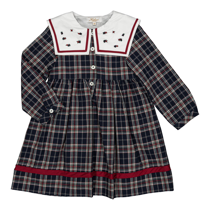 37271 PAOLA GIRL DRESS - NAVY BLUE AND RED BURGUNDY TARTAN