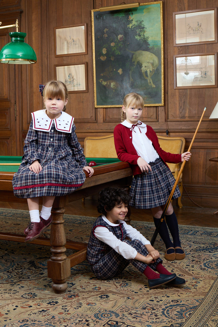 37271 PAOLA GIRL DRESS - NAVY BLUE AND RED BURGUNDY TARTAN