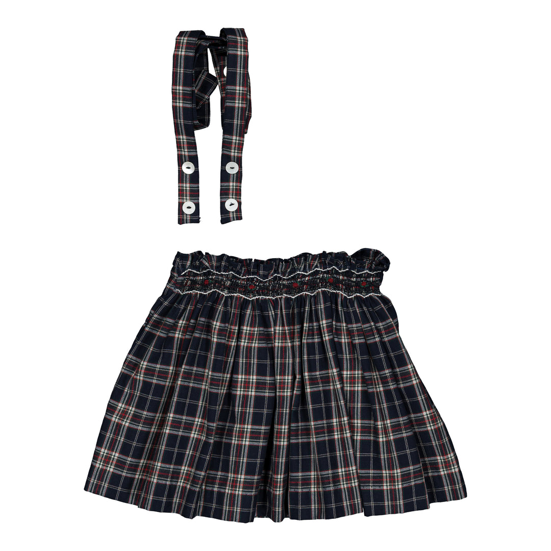 37273 LOUISE SMOCKED SKIRT - NAVY BLUE AND RED BURGUNDY TARTAN