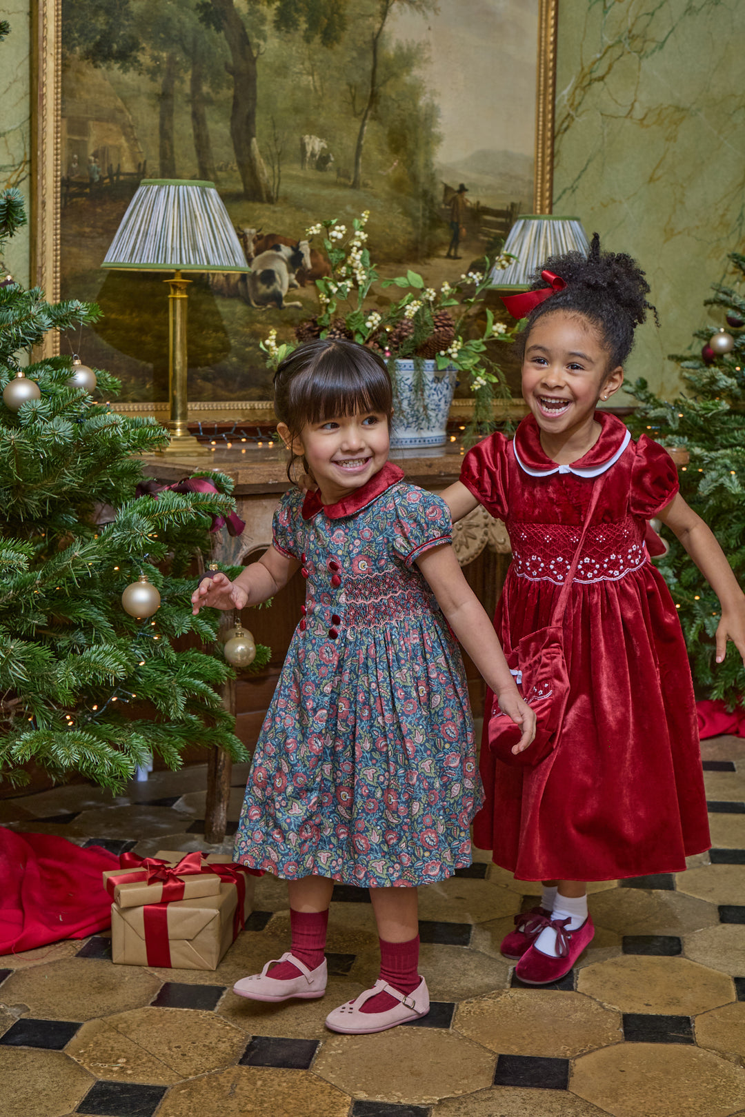 37301 RISON SMOCKED GIRL DRESS - RED AND NAVY FLORAL PAISLEY PRINT