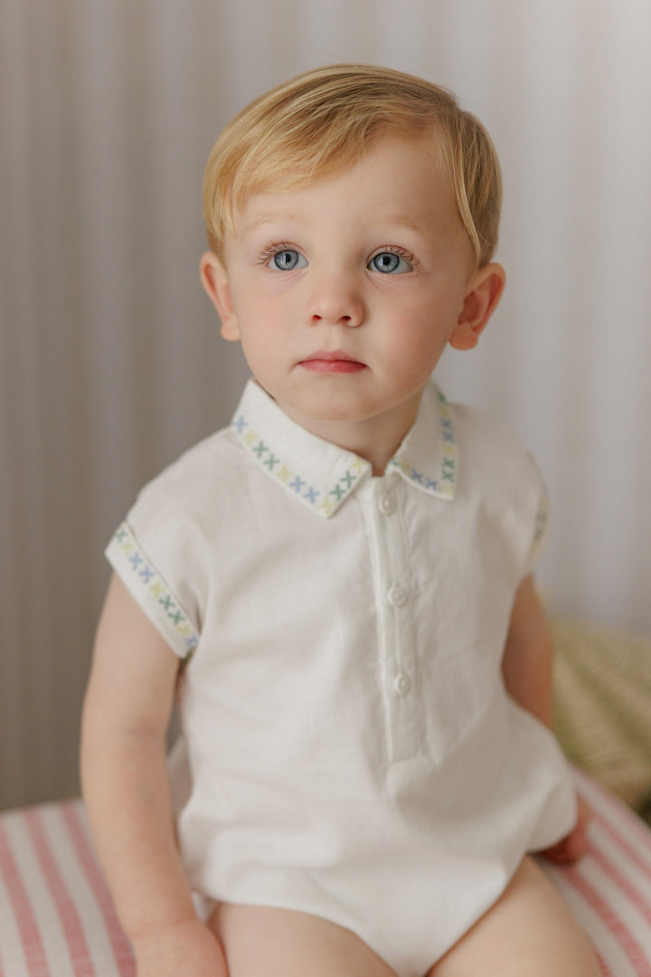 P7570 CROSS STITCHED EMBROIDERED LINEN ROMPER BB-WHITE