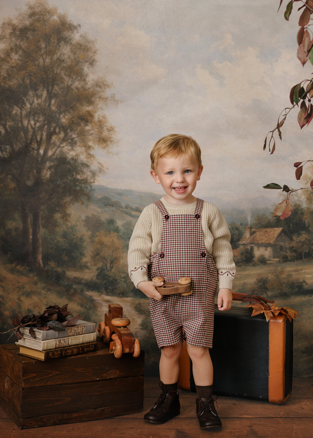 P8510 PLAID OVERALL WITH VELVET BUTTONS-BURGUNDY