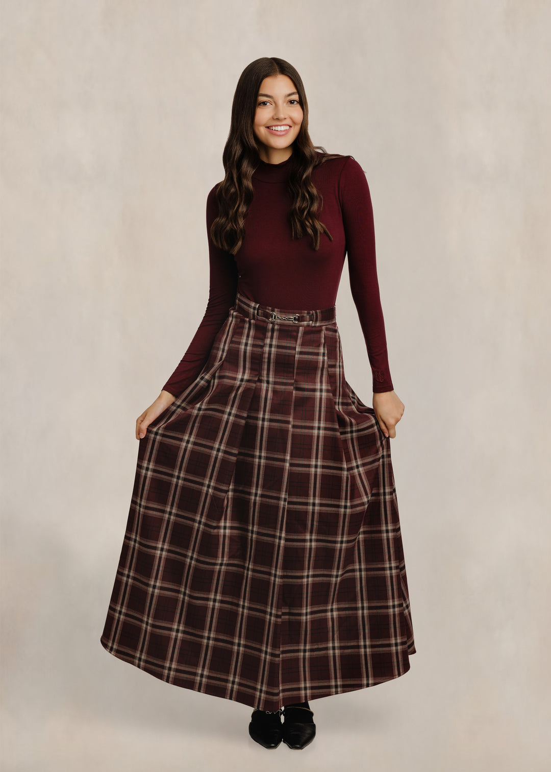 RVW650S-A Brown/Burgundy Horsebit Plaid Skirt