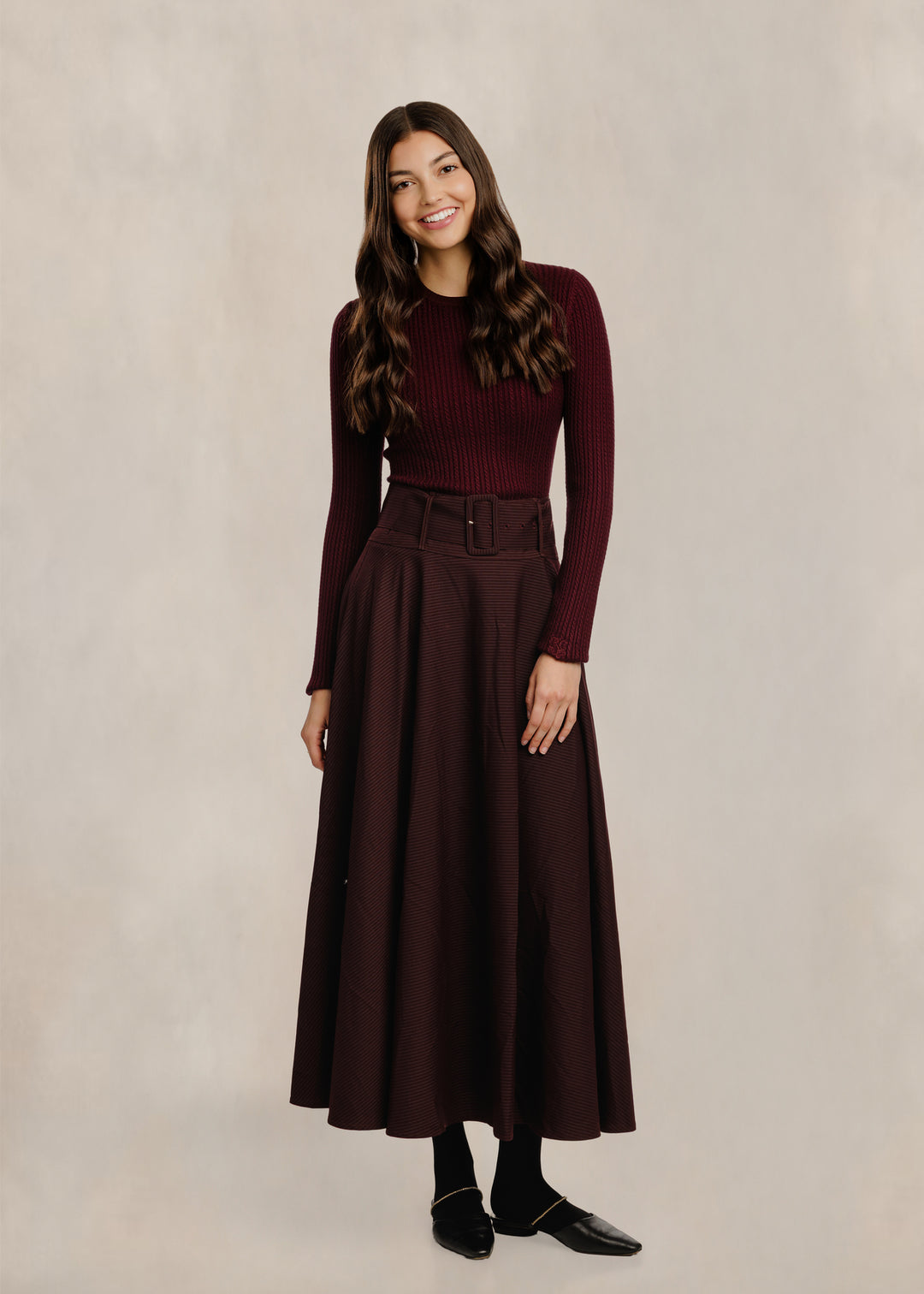 RVW642S-C Pinstripe Circle Skirt W/ Wide Belt - Mulberry
