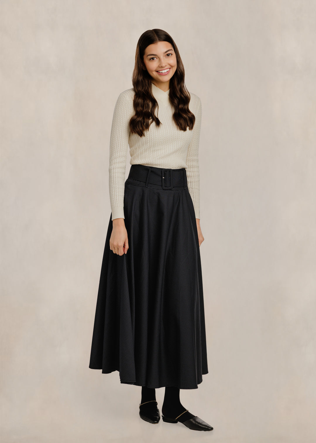 RVW642S-A Pinstripe Circle Skirt W/ Wide Belt - Navy