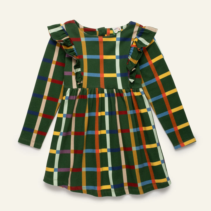 F26-K5111 FALL GRID RUFFLE DRESS - GREEN PASTURES / FALL GRID