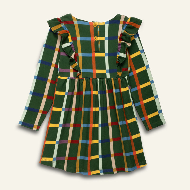 F26-B5111 FALL GRID RUFFLE DRESS -  GREEN PASTURES / FALL GRID