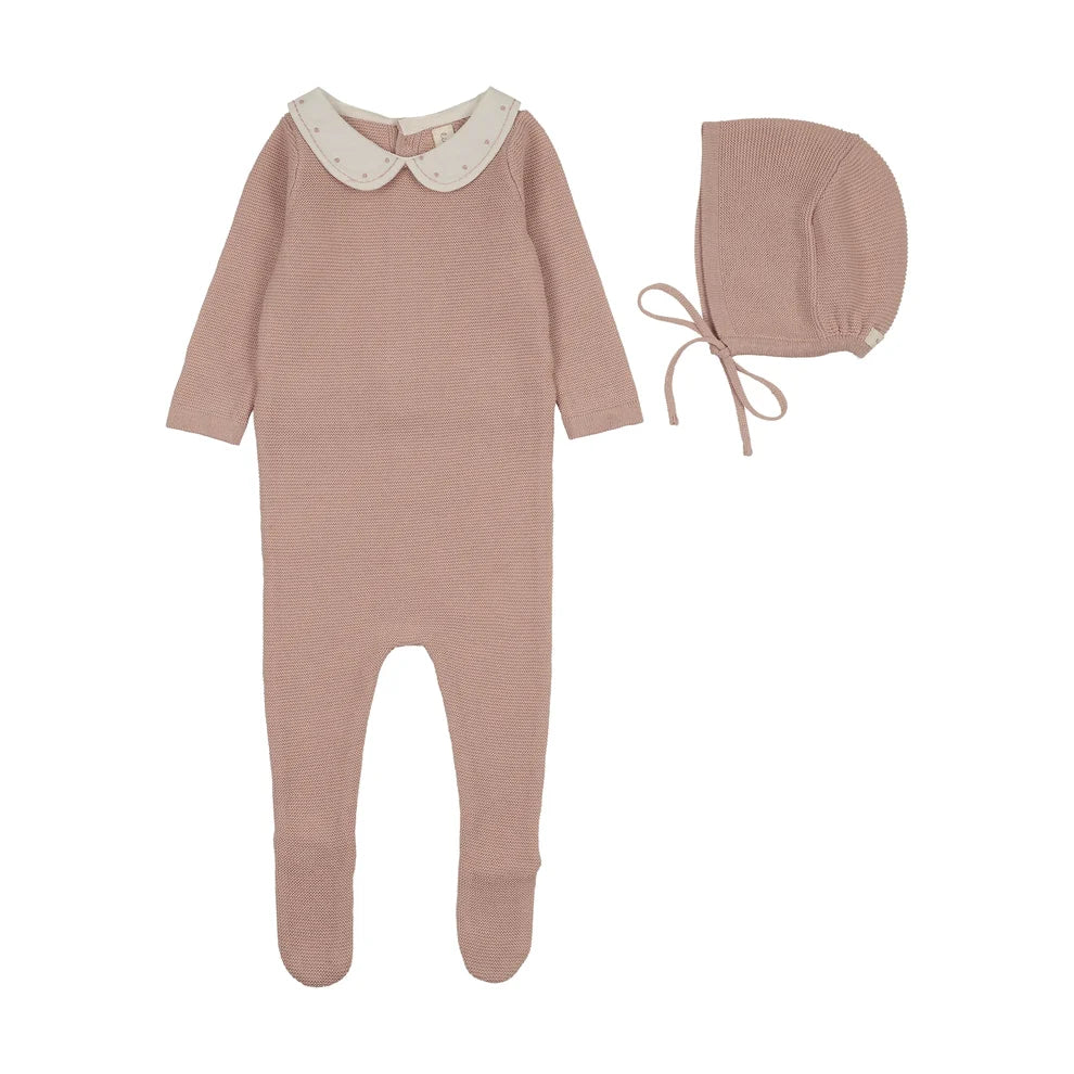 EMBROIDERED KNIT COLLAR FOOTIE SET - DUSTY PINK