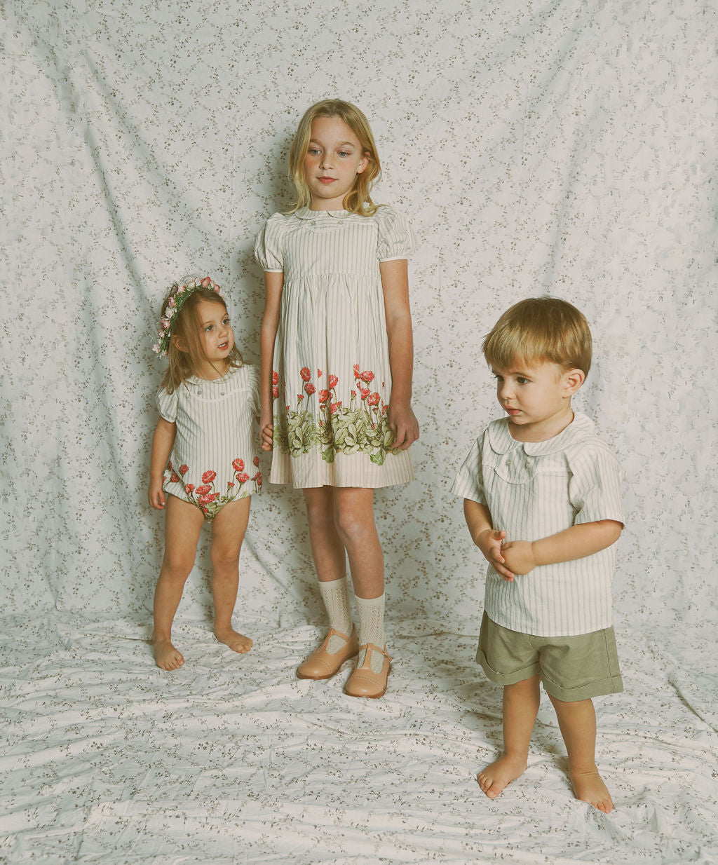 C-26112-Striped Floral Puff Sleeve Collar Dress-White/Tan