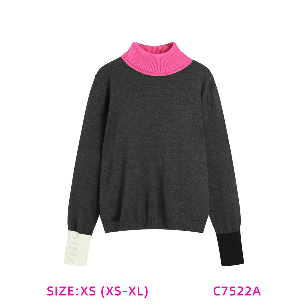 C7522A-CONTRAST COLLAR/CUFF SWEATER