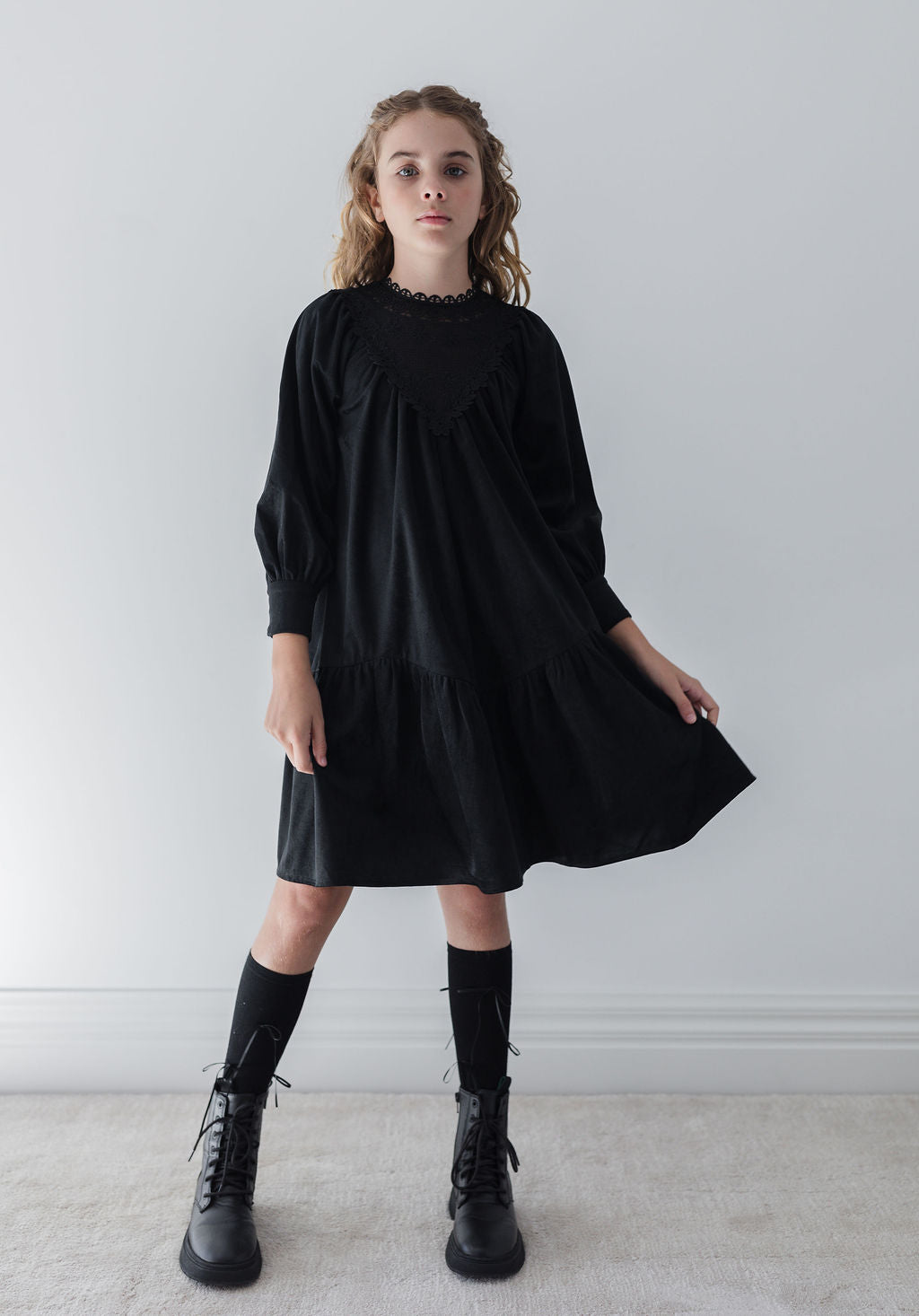 8185D-Cord Crochet Yoke Dress-Black