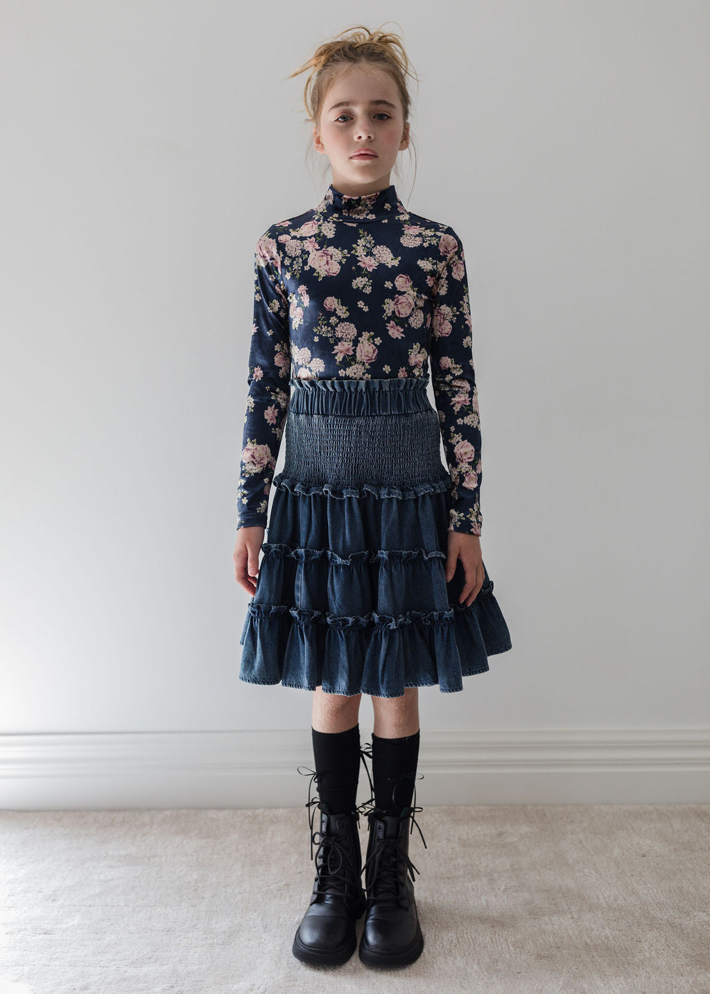 3120-Chambray Shirred Waist Skirt-Black Chambray
