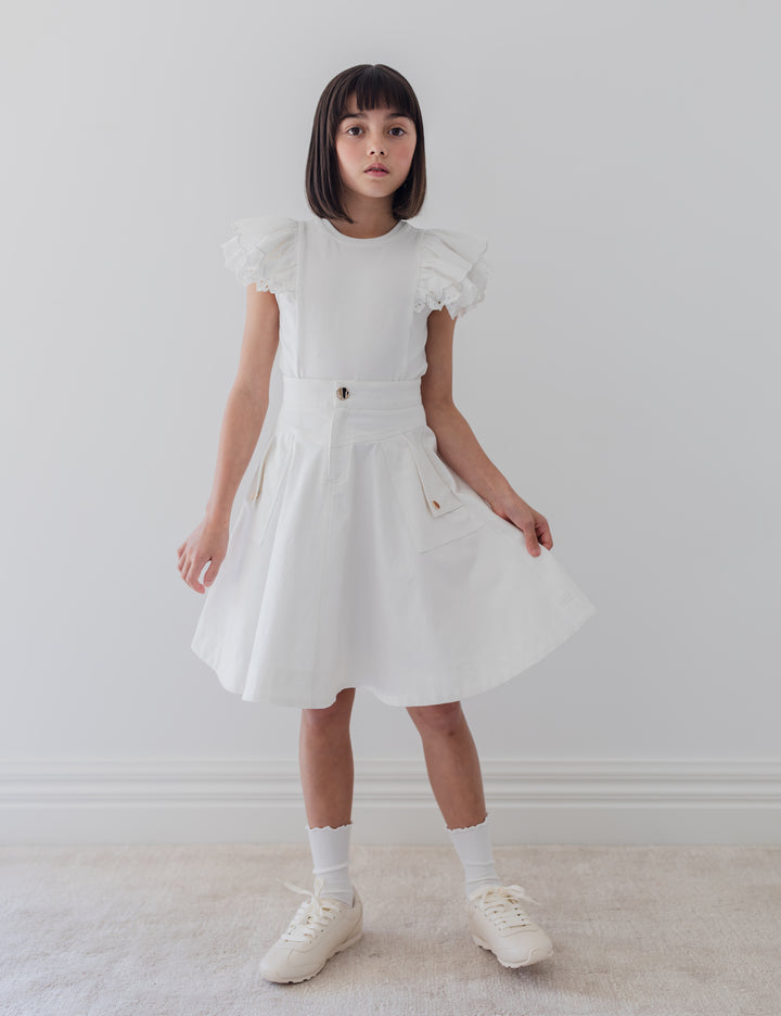 8238S-FOLD BACK POCKET DENIM SKIRT-WHITE WASH DENIM