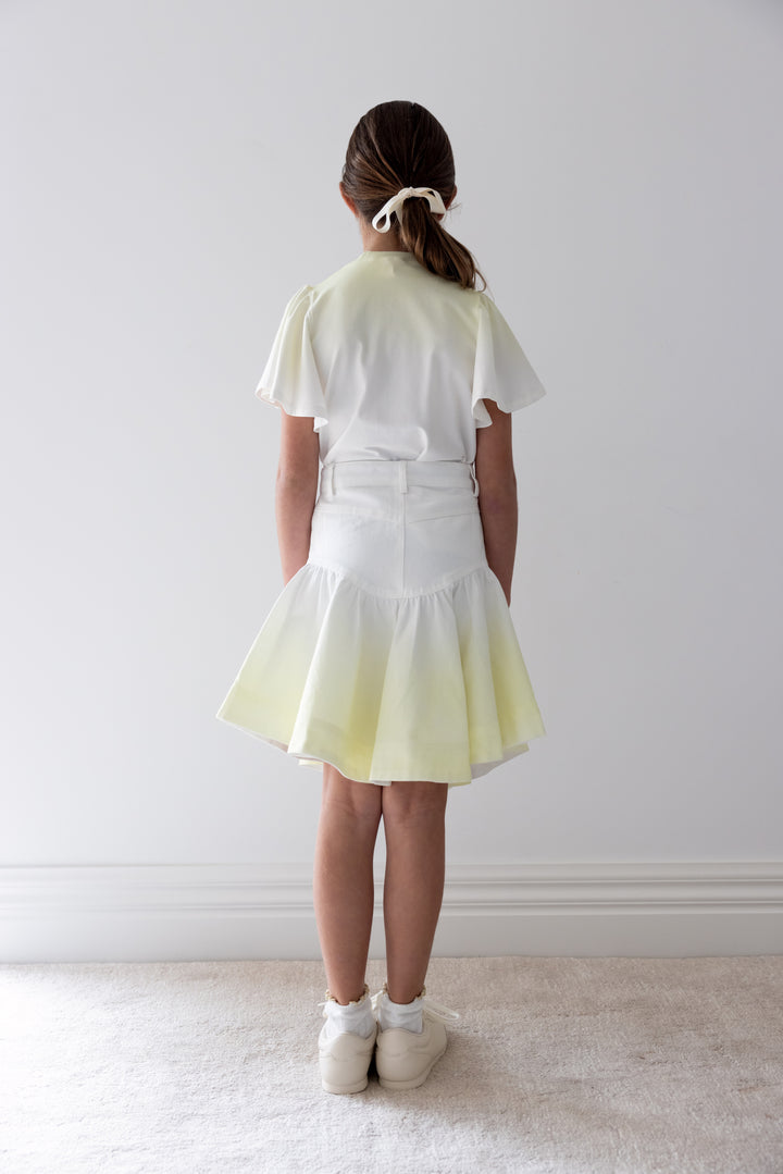 8243S-FLUTED HEM DENIM SKIRT-YELLOW TYE DYE