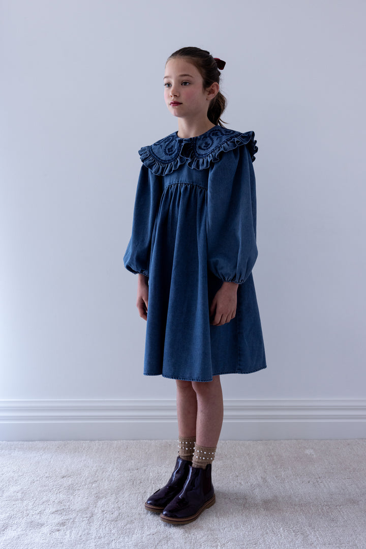 8262D Chambray Embroidered Collar Dress - Blue Wash