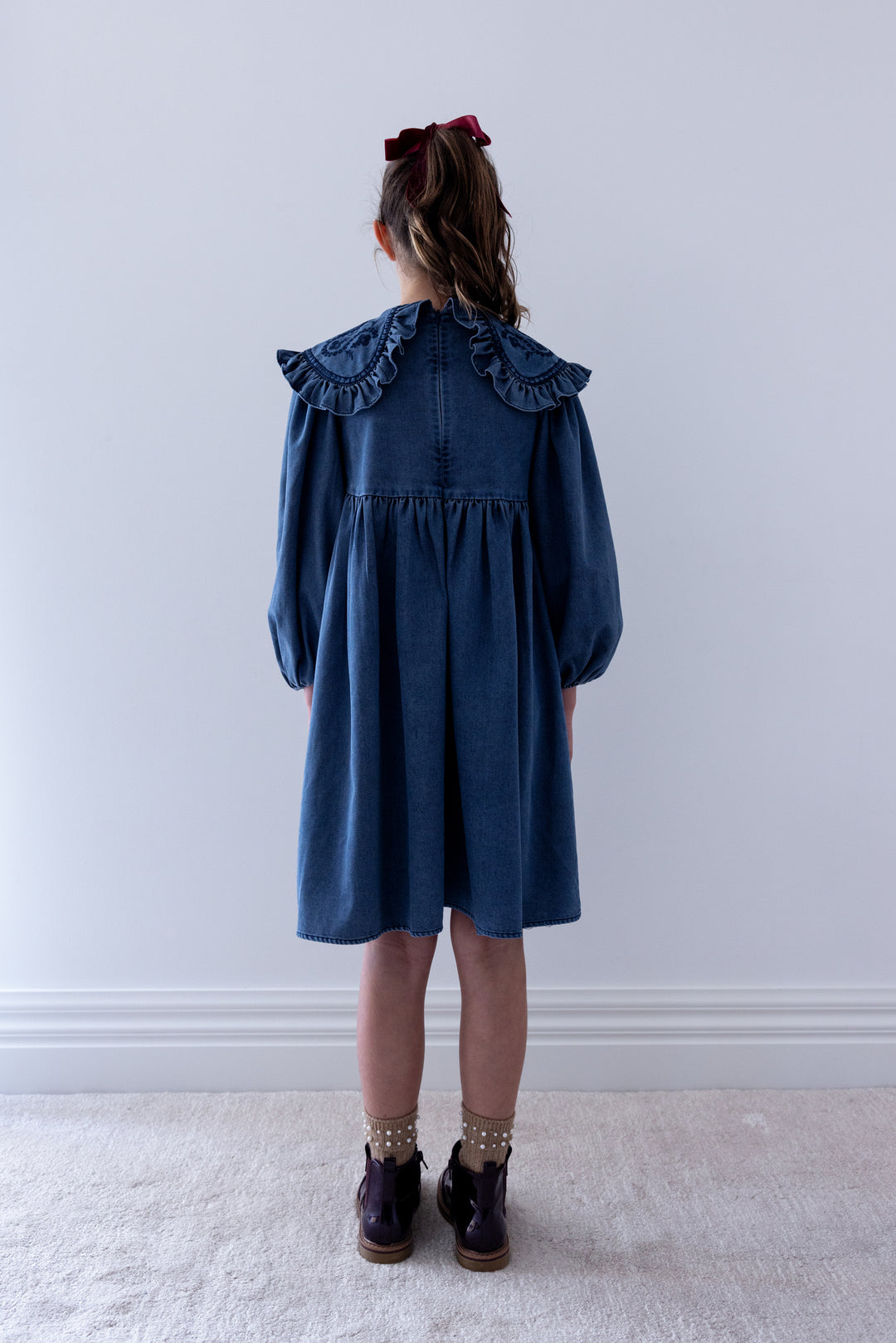 8262D Chambray Embroidered Collar Dress - Blue Wash