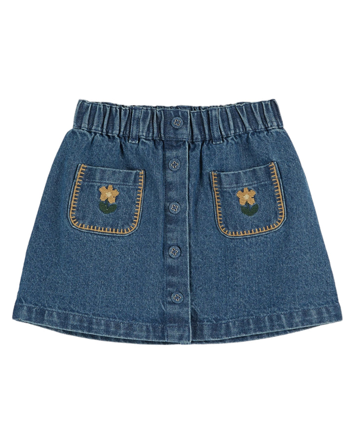 AA060A-FLORAL POCKETS EMBROIDERED DENIM SKIRT-DENIM