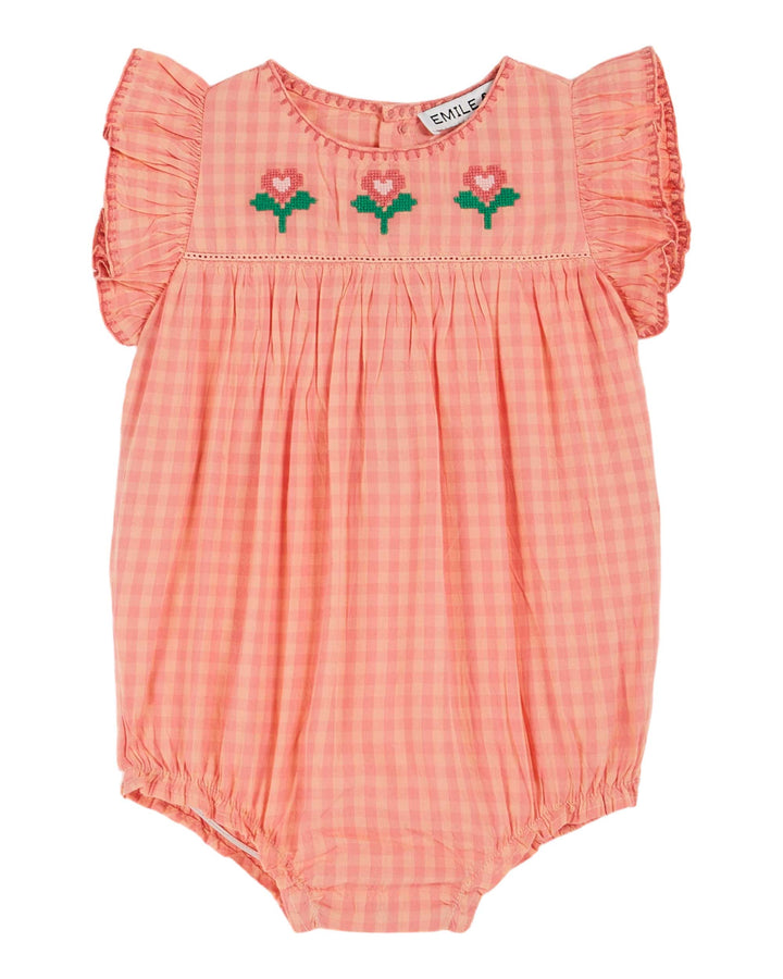 AB077A-GINGHAM EMBROIDERED ROMPER-VICHY PIVOINE