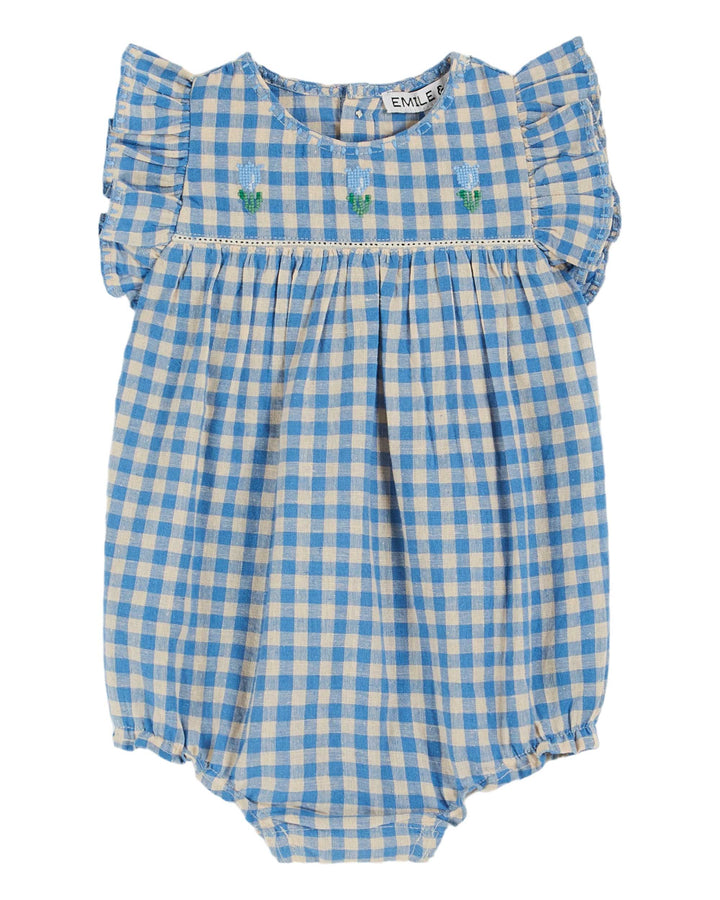 AB077B-GINGHAM EMBROIDERED ROMPER-VICHY LAGON