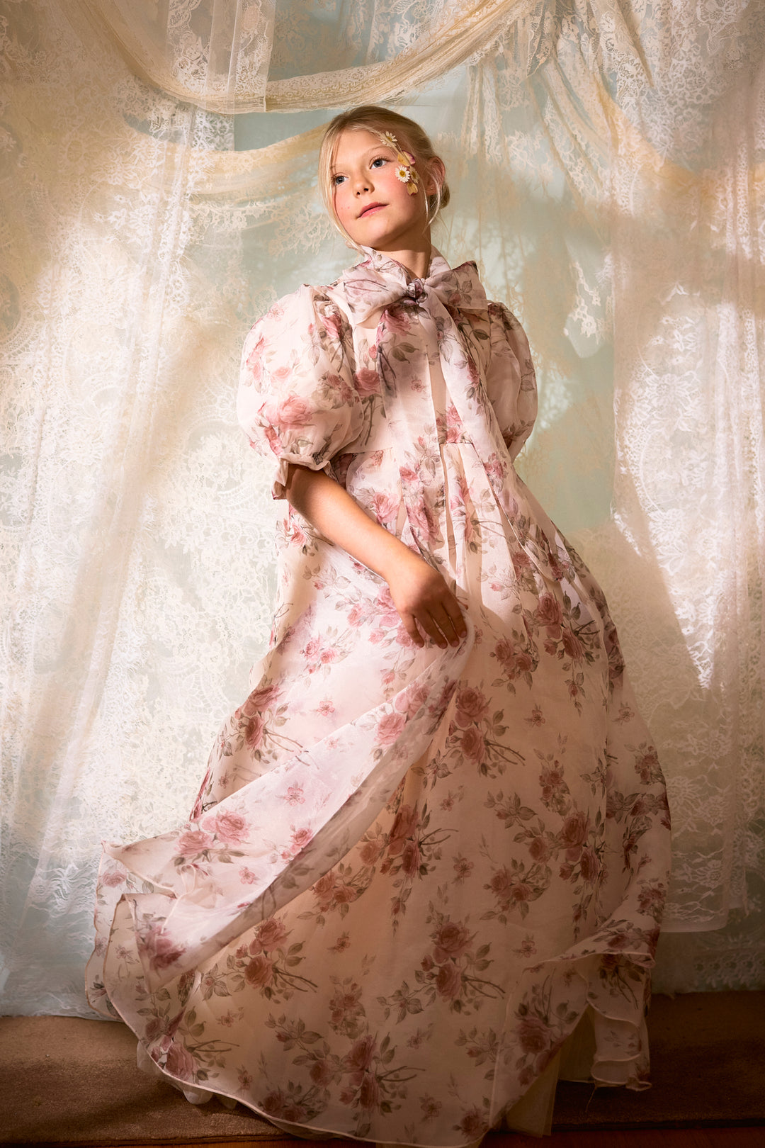 C-27923 Organza Neck Tie Gown - Floral