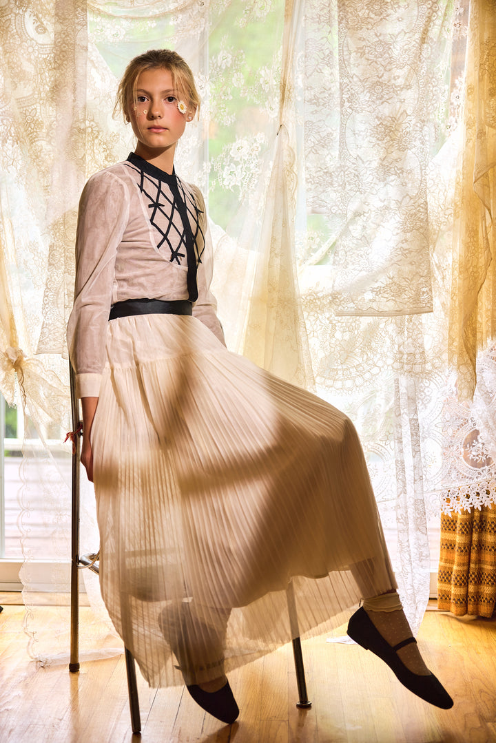 C-28145 Pleated Tulle Tier Skirt - Black/Ivory