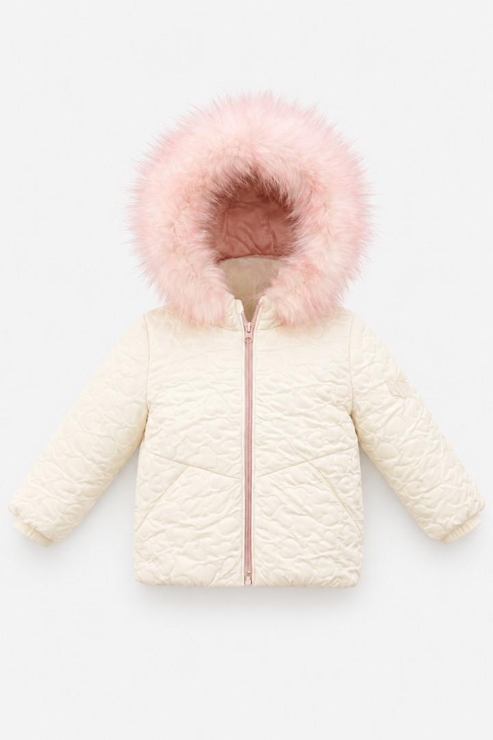 B11 Cream Quilted Fur Trimmed Hooded Baby Girls Down Coat - WHITE EMBROIDERED