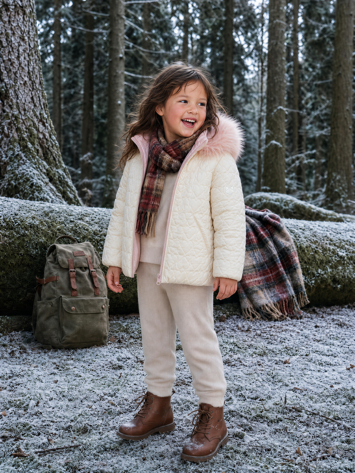 B11 Cream Quilted Fur Trimmed Hooded Baby Girls Down Coat - WHITE EMBROIDERED