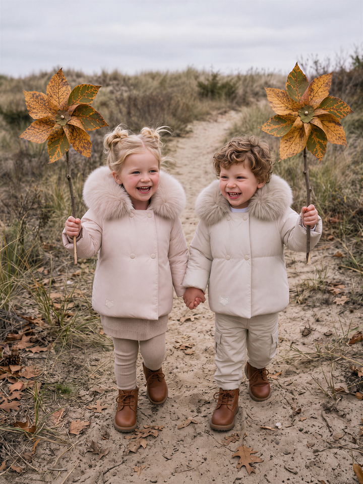 B1 Pink Double-Breasted Fur Trimmed Hooded Baby Girls Down Coat - LIGHT PINK