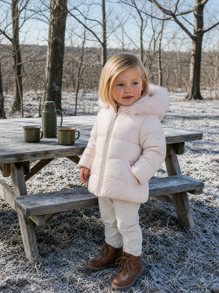 B9 Pink Embroidered Fur Trimmed Hooded Baby Down Coat - PINK EMBROIDERED