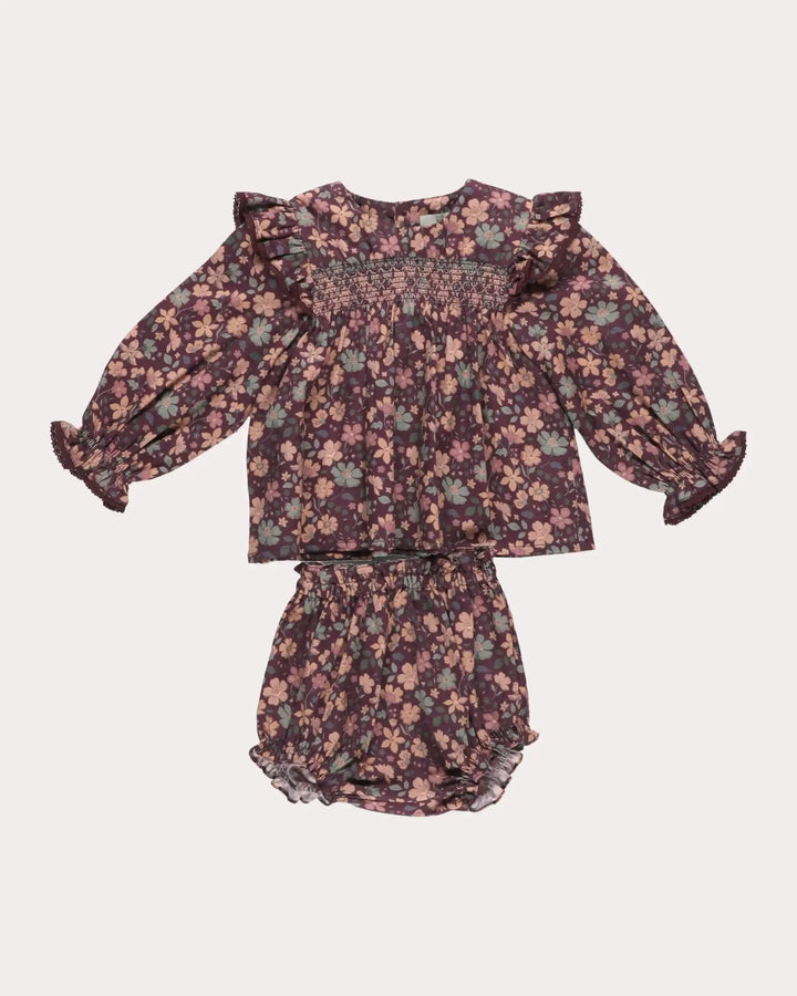 FH-FW26-00049  ELLIE BABY DRESS WITH MATCHING BLOOMER - SATIN GARDEN FLOWERS PLUM
