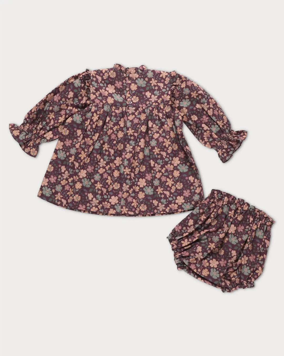 FH-FW26-00049  ELLIE BABY DRESS WITH MATCHING BLOOMER - SATIN GARDEN FLOWERS PLUM