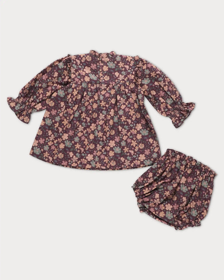 FH-FW26-00049  ELLIE BABY DRESS WITH MATCHING BLOOMER - SATIN GARDEN FLOWERS PLUM