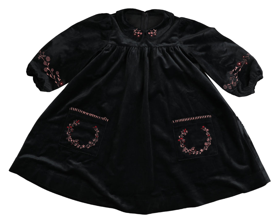 BDR619-Velvet corduroy dress with embroidered floral crest-NAVY