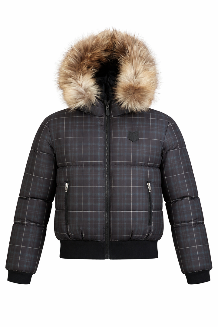 BO35 Plaid Fur-Trim Bomber Down Coat - PLAID