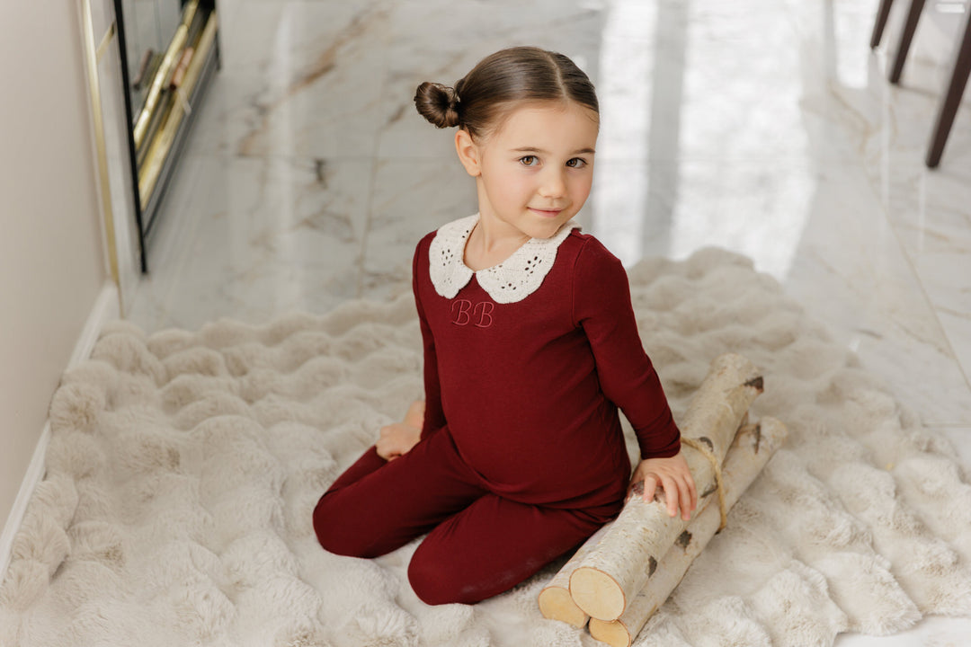 BP26008P Crochet Collar Pajamas - Deep Red Crochet Collar