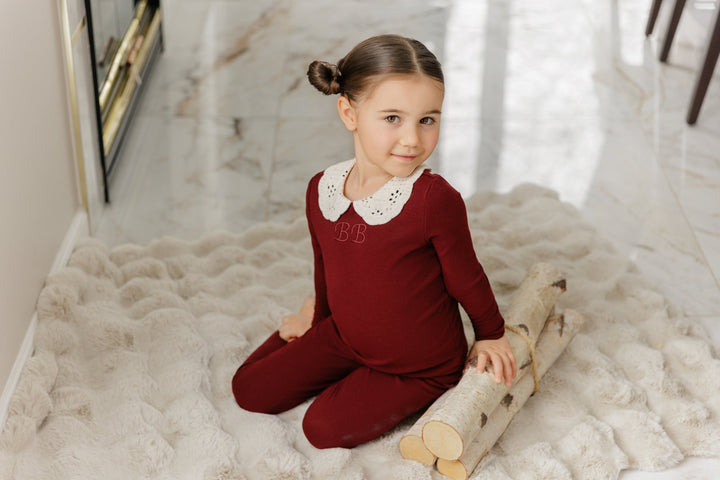BP26008P Crochet Collar Pajamas - Deep Red Crochet Collar
