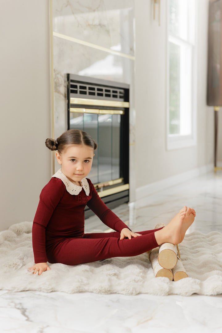 BP26008P Crochet Collar Pajamas - Deep Red Crochet Collar
