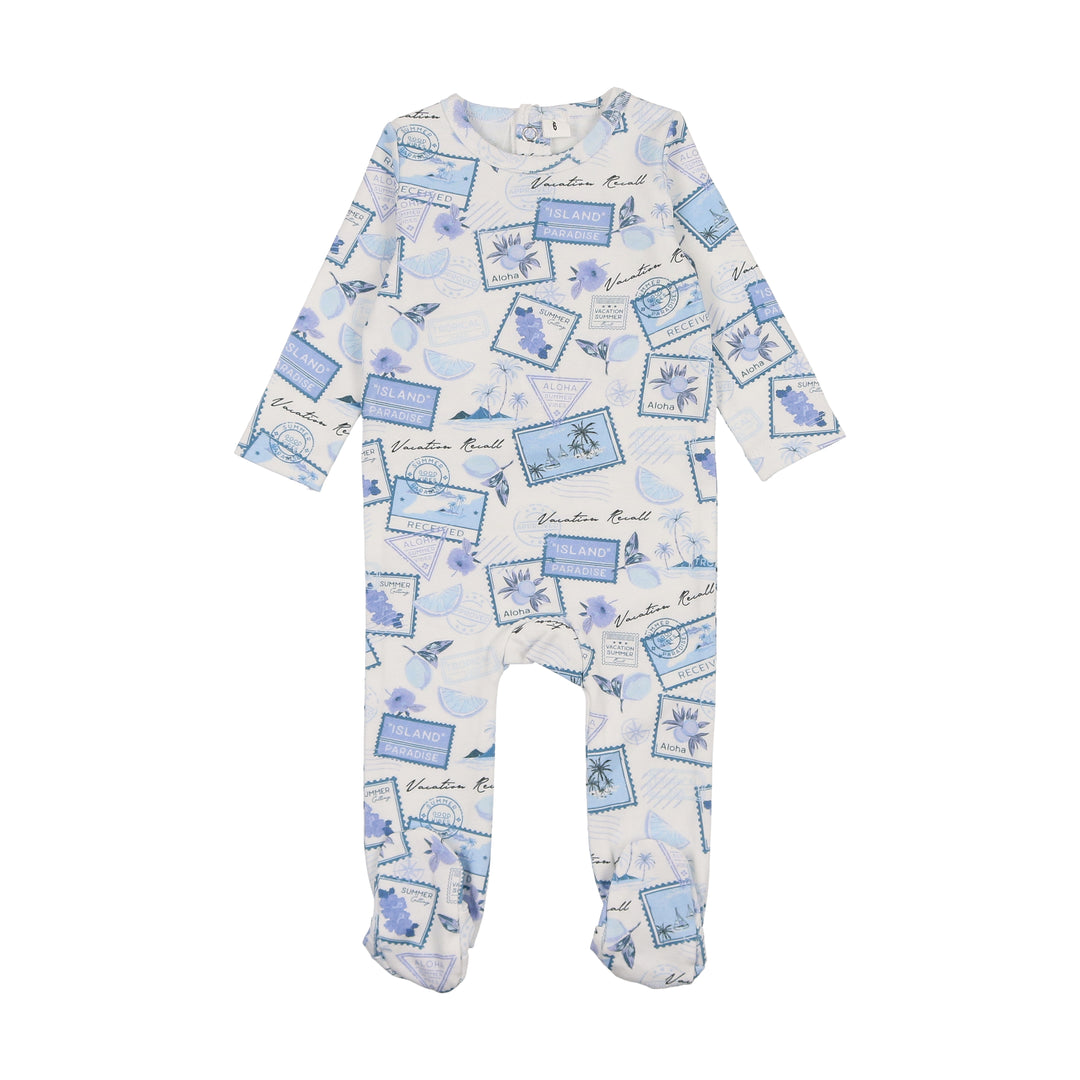 BPSS26009F-Tropical Travels Footie-Stamp Print Blue