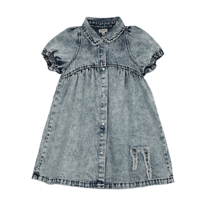 BTSS26024SSD-Jean Patch Short Sleeve Dress-Blue Denim/Bow