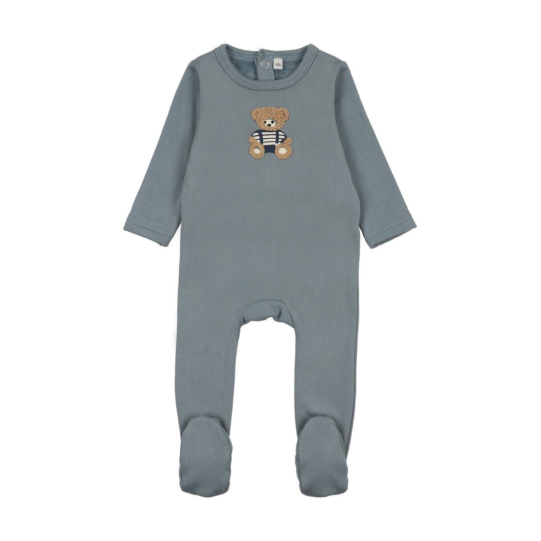 BWLV26007F Sherpa Teddy Velour Footie - Blue Bear