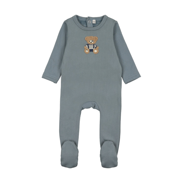 BWLV26007F Sherpa Teddy Velour Footie - Blue Bear