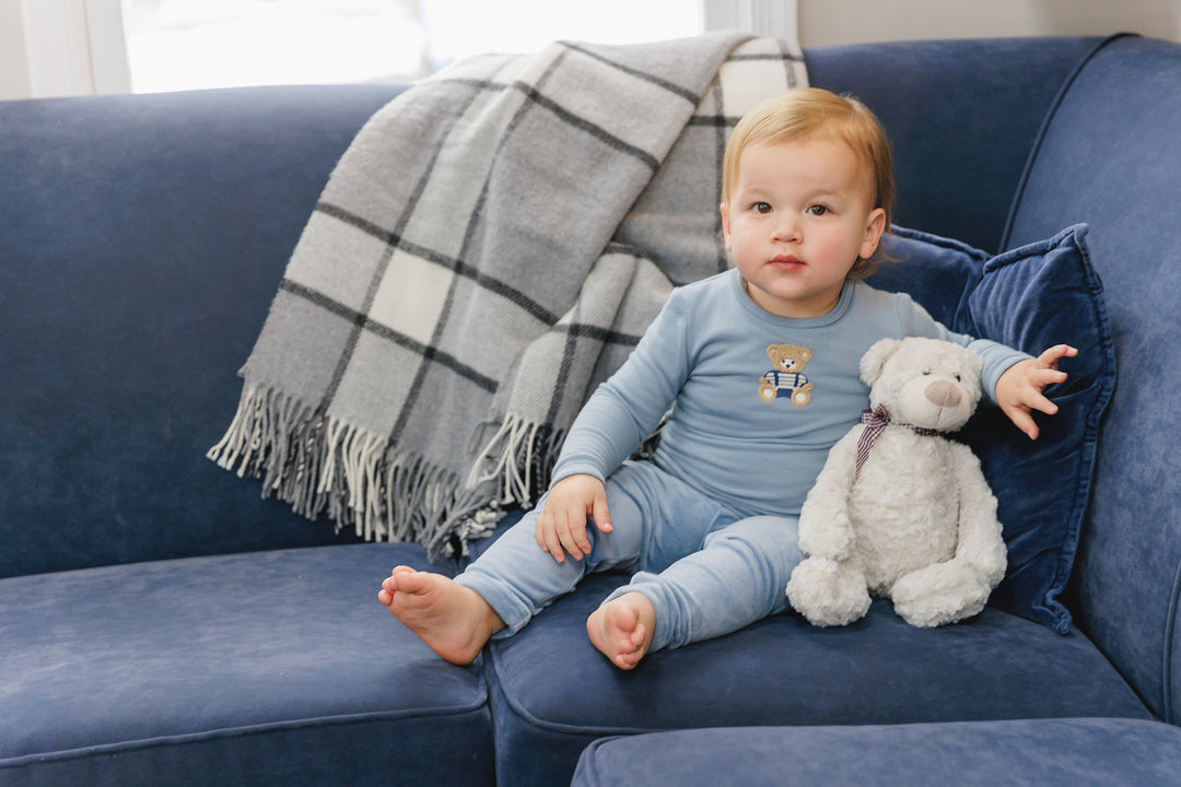 BWLV26007F Sherpa Teddy Velour Footie - Blue Bear