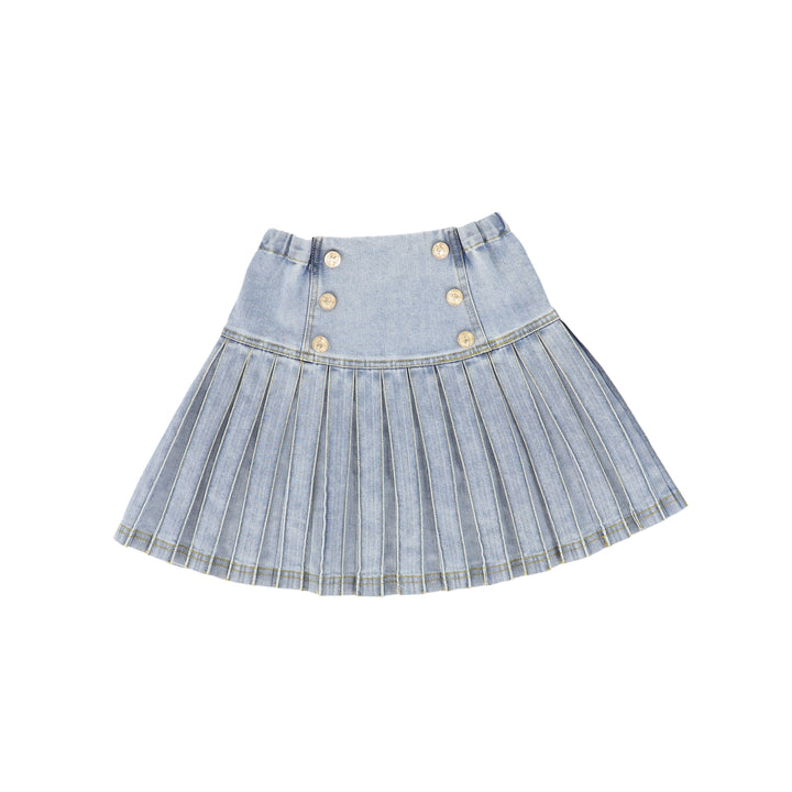 C-19188-Low Cut Denim Pleated Skirt -LT Blue Denim