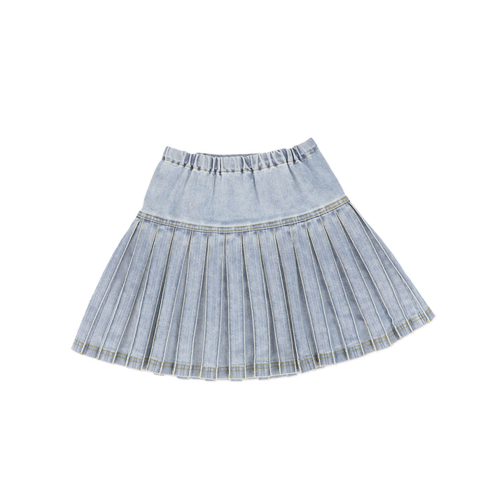 C-19188-Low Cut Denim Pleated Skirt -LT Blue Denim