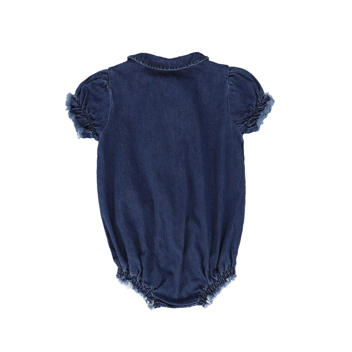 C-19556-Denim Fringe Smocked Romper -Denim