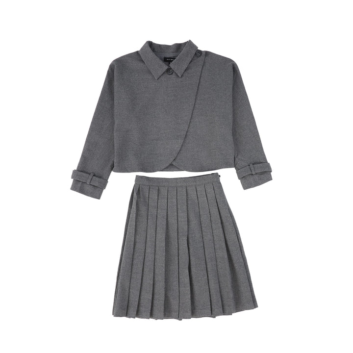 C14160-WOOL PLEATED SKIRT/JACKET SET-Heather Grey