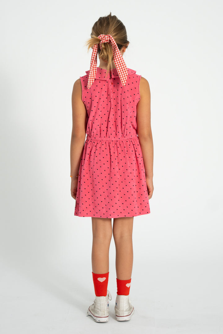 SS26.JRS2621-SHORT DRESS W/ COLLAR - PINK W/ BLACK HEARTS ALLOVER