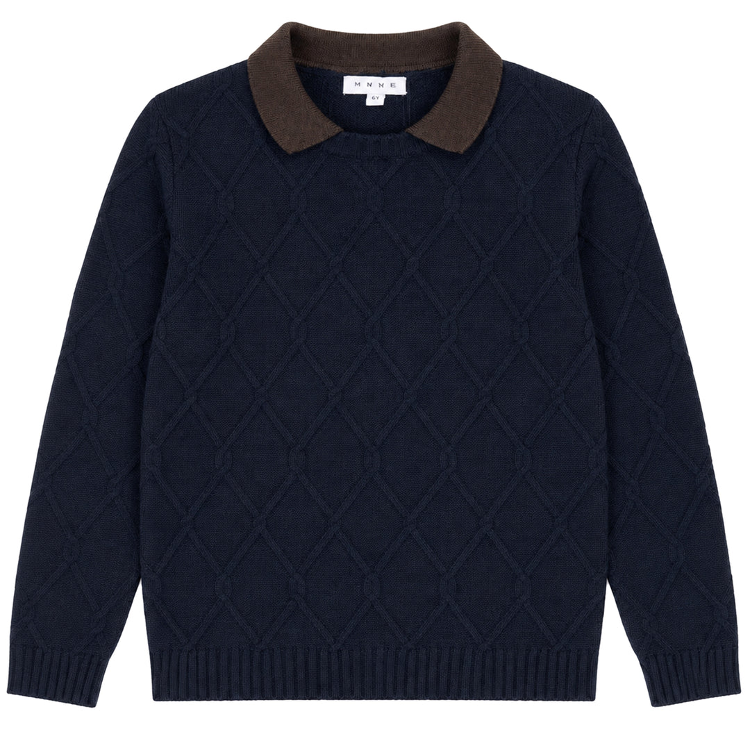 CHARLES CABLE DESIGN TEXTURED COLLAR SWEATER-NAVY